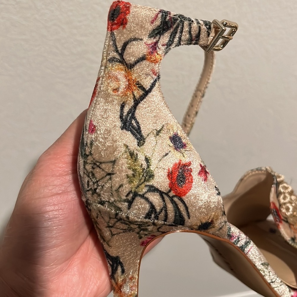 Gianni Bini Floral Print Heeled Sandals with Gold Tassels - Picture 12 of 12